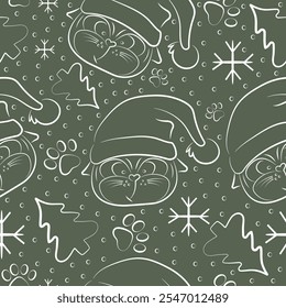 simple christmas seamless pattern with cats with big eyes and in santa claus hat with christmas elements on green background