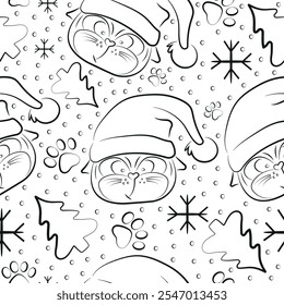 simple christmas seamless pattern with cats with big eyes and in santa claus hat with christmas elements