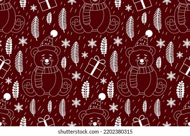 Simple Christmas seamless pattern design with cartoon motif. Snowflakes Santa ornaments textile wallpaper. Christmas tree, Christmas leaves, bear, vector illustrations background 