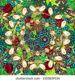 Simple Christmas seamless pattern with geometric motifs. Vector illustration. Snowflakes with different ornaments. Elements with green and blue colors. Retro textile collection.