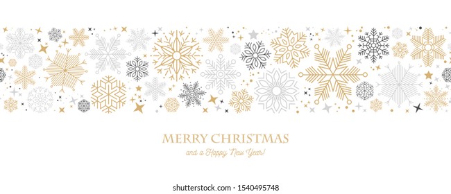 Simple Christmas seamless pattern with geometric motifs. Snowflakes and circles with different ornaments. Retro textile collection. On white background