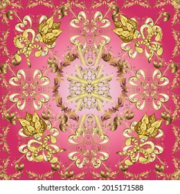 Einfaches, nahtloses Weihnachtsmuster mit geometrischen Motiven. Elemente mit rosafarbenen, neutralen und magentafarbenen Farben. Vektorgrafik. Schneeflocken mit verschiedenen Ornamenten. Retro Textilindustrie.