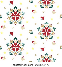 Simple Christmas seamless pattern with geometric motifs. Red Green Yellow on white background. Snowflakes  with different ornaments. Retro textile collection. 