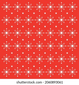 Simple Christmas seamless pattern with geometric motifs. Snowflakes Retro textile collection. On red background