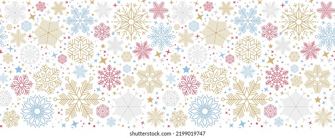 Simple Christmas seamless pattern with geometric motifs. Snowflakes and circles with different ornaments. Retro textile collection. On white background