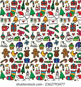 Simple Christmas seamless pattern with geometric motifs. Snowflakes and circles with different ornaments. Retro textile collection. On white background