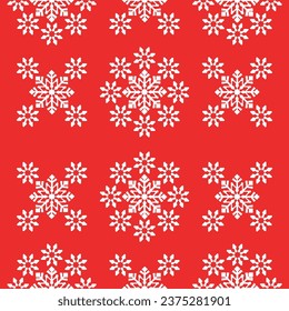 Simple Christmas seamless pattern with geometric motifs. Snowflakes with different ornaments. Retro textile collection. White on red background