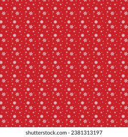 Simple Christmas seamless pattern with geometric motifs. Snowflakes and circles with different ornaments. Retro textile collection. On red background