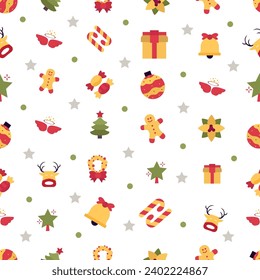 Simple Christmas seamless pattern with geometric motifs. Snowflakes and circles with different ornaments. Retro textile collection.