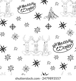 Simple Christmas seamless pattern with geometric motifs. Deer, inscriptions, gnomes, snowflakes. Collection of textiles in retro style, minimalism. Contour on a white background