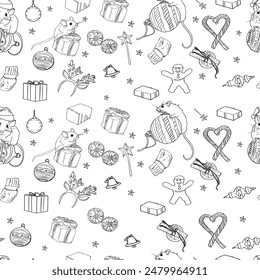 Simple Christmas seamless pattern with geometric motifs. Deer, inscriptions, gnomes, snowflakes. Collection of textiles in retro style, minimalism. Contour on a white background