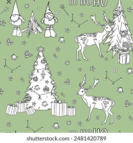 Simple Christmas seamless pattern with geometric motifs. Deer, inscriptions, gnomes, snowflakes. Collection of textiles in retro style, minimalism. Contour on a white background