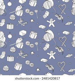 Simple Christmas seamless pattern with geometric motifs. Deer, inscriptions, gnomes, snowflakes. Collection of textiles in retro style, minimalism. Contour on a white background