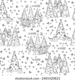 Simple Christmas seamless pattern with geometric motifs. Deer, inscriptions, gnomes, snowflakes. Collection of textiles in retro style, minimalism. Contour on a white background