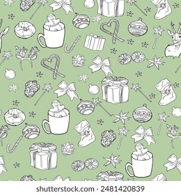 Navidades simples patrón sin fisuras con motivos geométricos. Ciervos, inscripciones, gnomos, copos de nieve. Colección de textiles en estilo retro, minimalismo. Contorno sobre fondo blanco