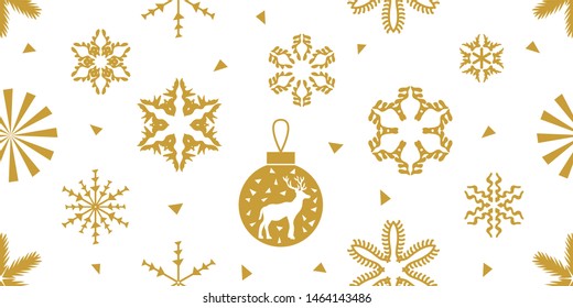 	
Simple Christmas seamless pattern with modern geometric motifs. Golden snowflakes, different shapes and triangles as Xmas decorations. Retro design collection. Template for cards and gift wrappings.