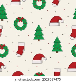 Simple christmas seamless pattern with santa hat, pine tree, and sock