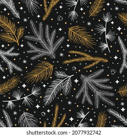 Simple Christmas seamless pattern. Snowflakes with different ornaments. On black background