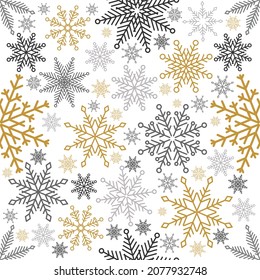 Simple patrón de Navidad sin costura. Copos de nieve con diferentes adornos. Sobre fondo blanco