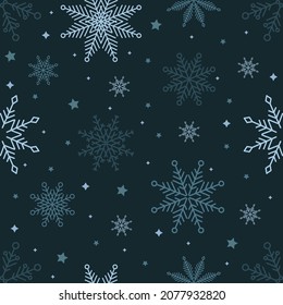 Simple Christmas seamless pattern. Snowflakes with different ornaments. On black background