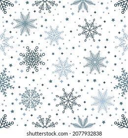Simple patrón de Navidad sin costura. Copos de nieve con diferentes adornos. Sobre fondo blanco