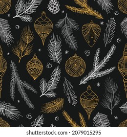 Simple Christmas seamless pattern. Snowflakes with different ornaments. On black background