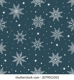 Simple Christmas seamless pattern. Snowflakes with different ornaments. On black background