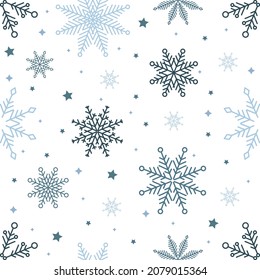 Simple Christmas seamless pattern. Snowflakes with different ornaments. On black background
