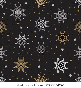 Simple Christmas seamless pattern. Snowflakes with different ornaments. On black background