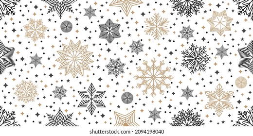 Simple patrón de Navidad sin costura. Copos de nieve con diferentes adornos. Sobre fondo blanco