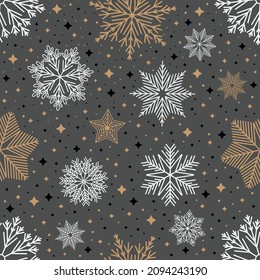 Simple Christmas seamless pattern. Snowflakes with different ornaments. On white background