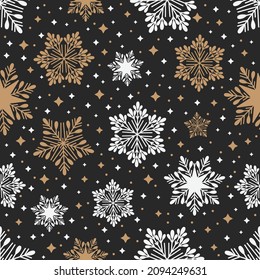 Simple Christmas seamless pattern. Snowflakes with different ornaments. On white background