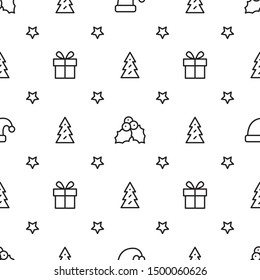 Simple Christmas seamless pattern with the symbols of the Christmas holiday and the new year in a line art. The print can be used as a background or as a print for wrapping paper