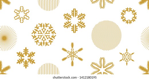 Simple Christmas seamless pattern with trendy geometric motifs. Golden snowflakes and circles with different ornaments. Retro design collection. On white background.