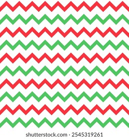 Simple Christmas seamless pattern. Vector green and red striped zigzag print on white background. Geometric Xmas holiday texture for decor, fabric, design, New Year wrapping paper.