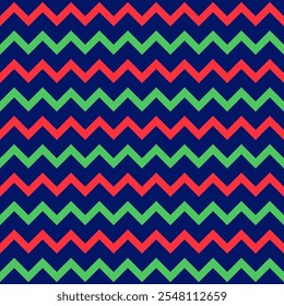 Simple Christmas seamless pattern. Vector green, red and blue striped zigzag background. Geometric Xmas holiday texture for decor, fabric, design, New Year wrapping paper.