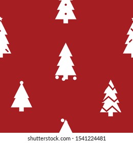 Simple Christmas seamless pattern with white Christmas trees. Retro textile collection. On red background