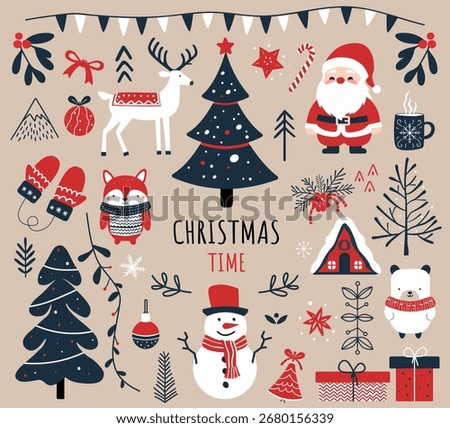 Simple christmas set. Minimal winter illustrations in red blue. Flat festive design. Merry Christmas with Santa, animals, houses, trees.