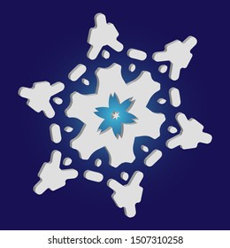 Simple christmas snowflake on blue background. Original concept with expressive forms and colors. Vector illustration - poster. White winter crystal, isolated, modern trendy 3d design element.