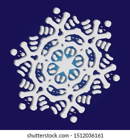 Simple christmas snowflake on blue background. Vector illustration - shape. Magic concept with expressive forms and colors. White winter crystal, isolated, modern trendy 3d design element.