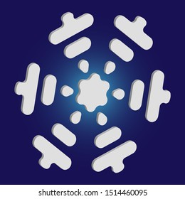 Simple christmas snowflake on blue background. Vector illustration - decoration. Colorful concept with expressive forms and colors. White winter crystal, isolated, modern trendy 3d design element.