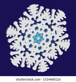Simple christmas snowflake on blue background. Vector illustration - template. Cool concept with expressive forms and colors. White winter crystal, isolated, modern trendy 3d design element.