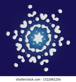 Simple christmas snowflake on blue background. Vector illustration - pattern. Cool concept with expressive forms and colors. White winter crystal, isolated, modern trendy 3d design element.
