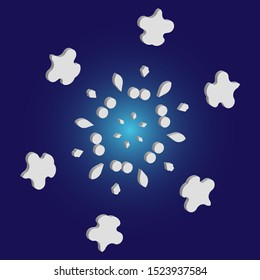 Simple christmas snowflake on blue background. Effective concept with expressive forms and colors. Vector illustration - texture. White winter crystal, isolated, modern trendy 3d design element.