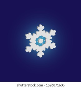 Simple christmas snowflake on blue background. Original concept with expressive forms and colors. Vector illustration - template. White winter crystal, isolated, modern trendy 3d design element.
