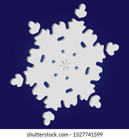 Simple christmas snowflake on blue background. Original concept with expressive forms and colors. Vector illustration - texture. White winter crystal, isolated, modern trendy 3d design element.