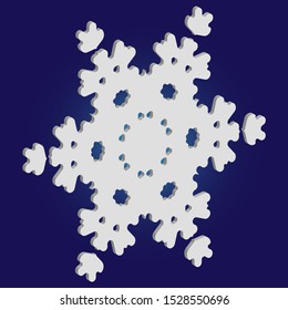 Simple christmas snowflake on blue background. Vector illustration - decoration. Minimal concept with expressive forms and colors. White winter crystal, isolated, modern trendy 3d design element.