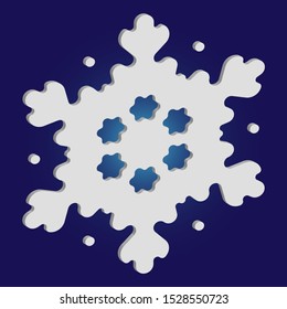 Simple christmas snowflake on blue background. Abstract concept with expressive forms and colors. Vector illustration - overlay. White winter crystal, isolated, modern trendy 3d design element.
