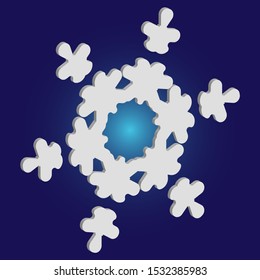 Simple christmas snowflake on blue background. Magic concept with expressive forms and colors. Vector illustration - wallpaper. White winter crystal, isolated, modern trendy 3d design element.