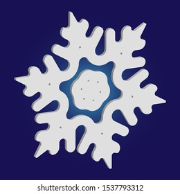 Simple christmas snowflake on blue background. Clean concept with expressive forms and colors. Vector illustration - icon. White winter crystal, isolated, modern trendy 3d design element.